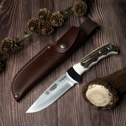 CUDEMAN – SKINNER 11CM DROP POINT BLADE, POLISHED DEER ANTLER HANDLE / LEATHER SHEATH (146-C)