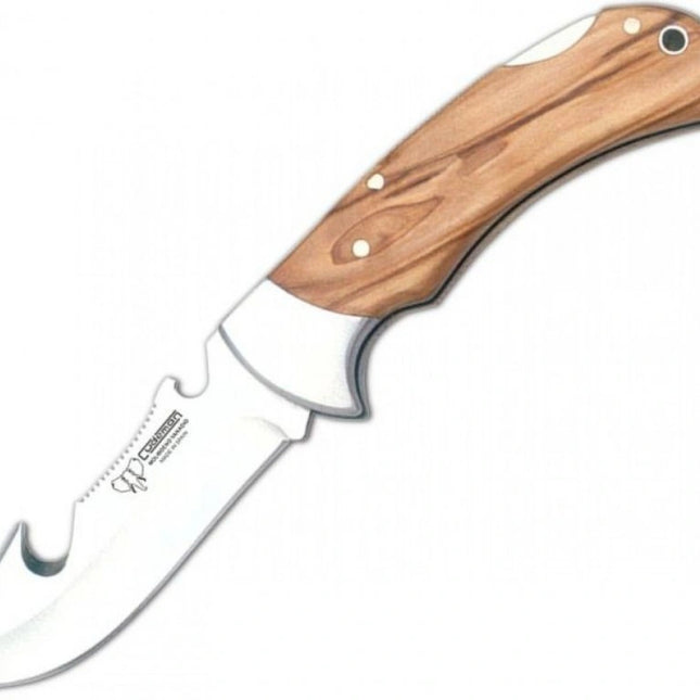 CUDEMAN – FOLDING SKINNER 9CM GUT HOOK BLADE, SATIN OLIVE WOOD HANDLE / NO SHEATH (370-L)