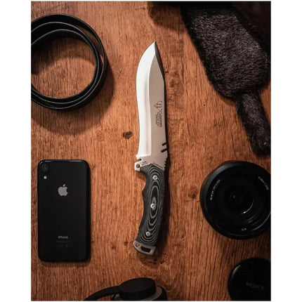 CUDEMAN CLIP POINT TACTICAL 15CM BLACK COATED BLADE BLACK MICARTA WITH RED LINERS/LEATHER SHEATH+COMPASS (291-NC)