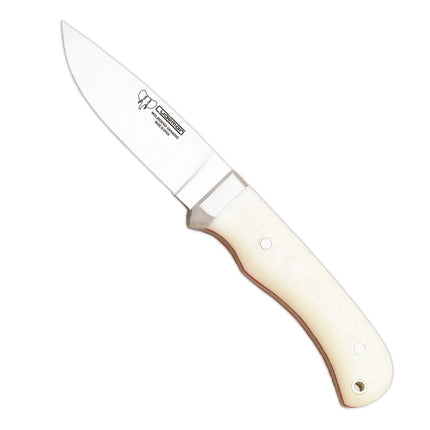 CUDEMAN - SKINNER 10CM STANDARD BLADE, POLISHED WHITE HANDLE W/SHEATH (116-B)