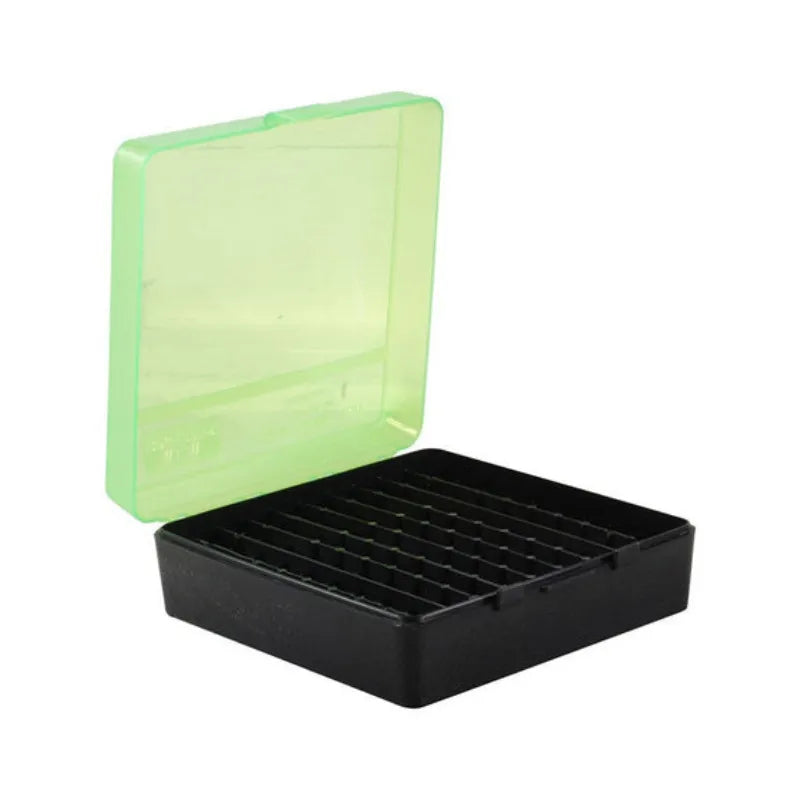 MTM PISTOL AMMO BOX 100 ROUND FLIP-TOP 9MM, 380 ACP CLEAR GREEN